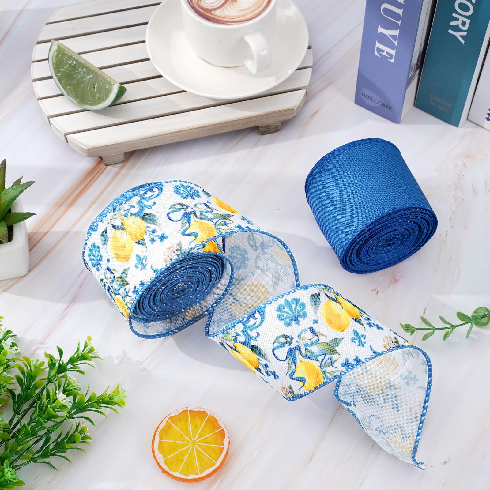 Amazon.com: Lemon Wired Edge Ribbon 20 Yards Blue Tile Lemon
